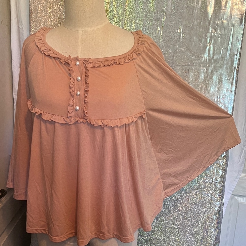 Ruffle Trim Pearl Button Cape Blouse - Dusty Rose